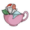A little cute mouse or rat in a Santa Claus hat sleeps in a big pink mug